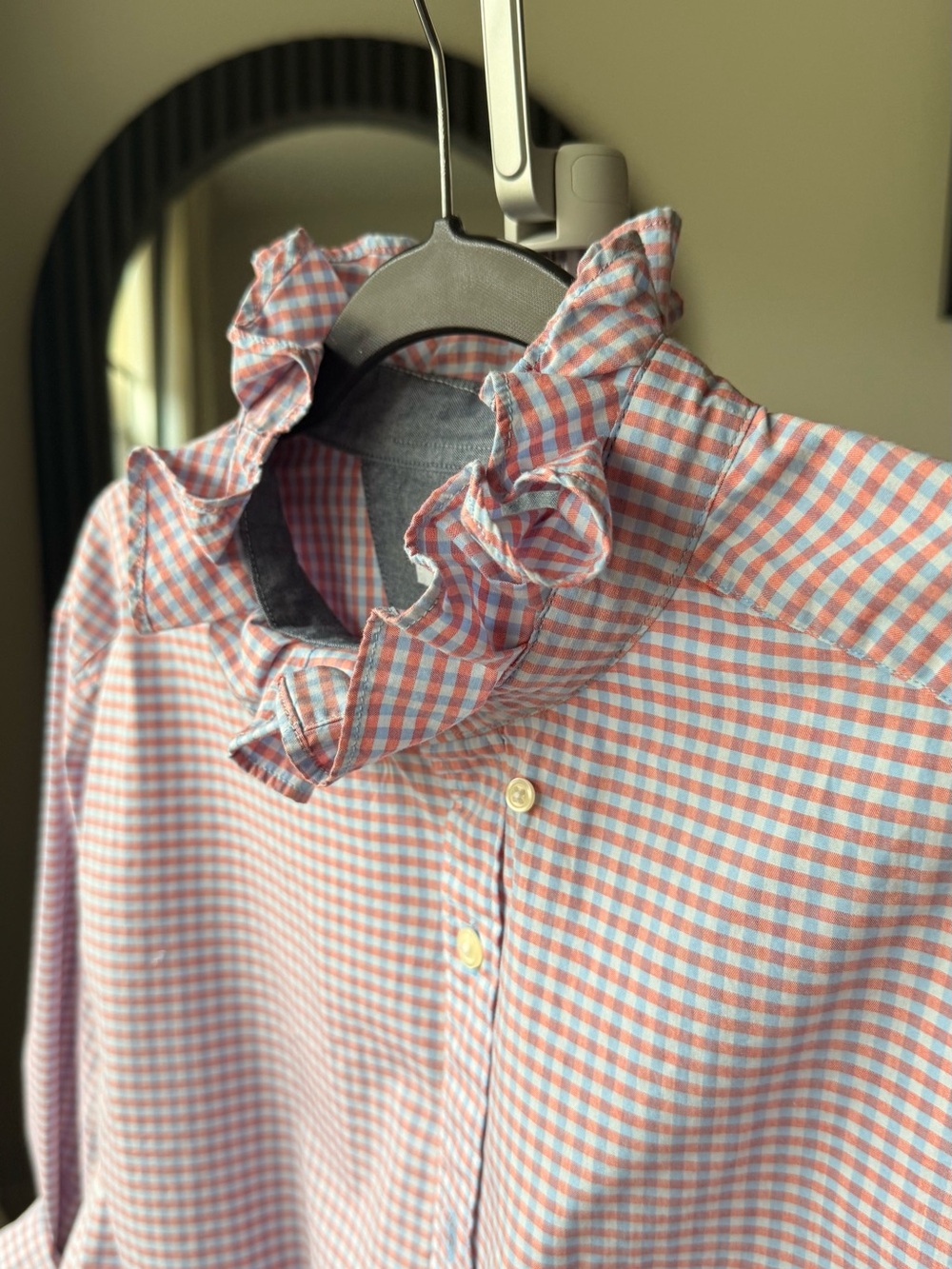 Reloved Upcycle Ruffle Collar  Button Down Shirt Pink and Blue Gingham